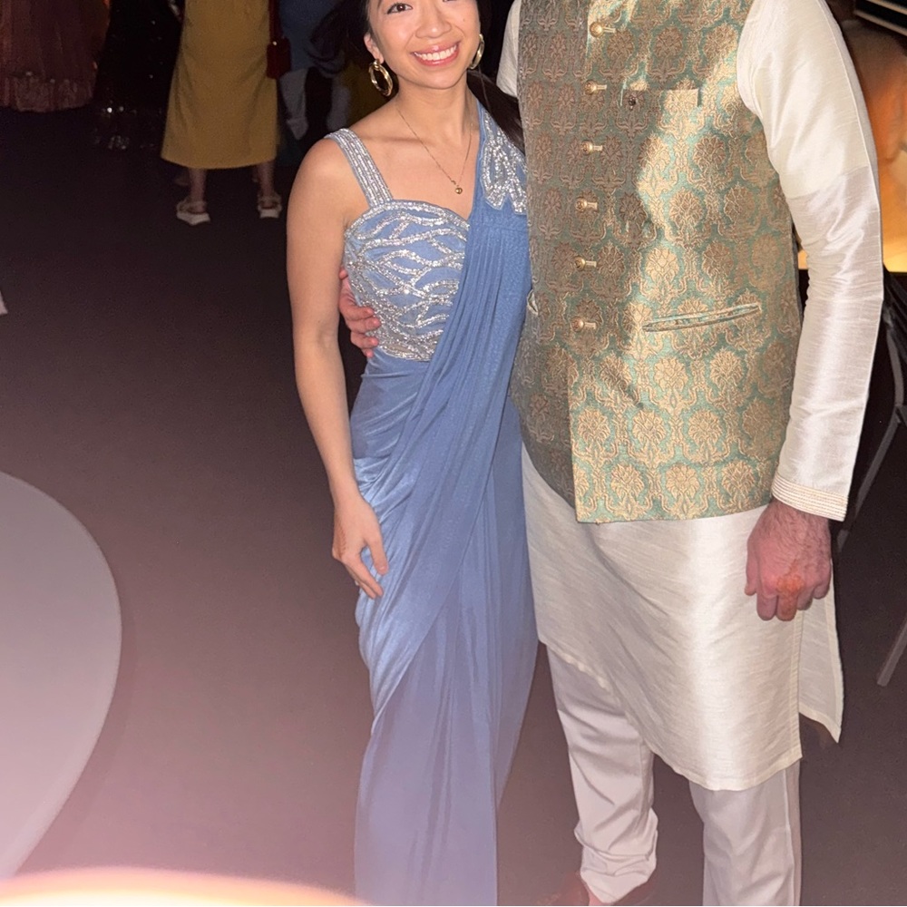 Elegant pre draped Blue Sari with Silver Embellishments